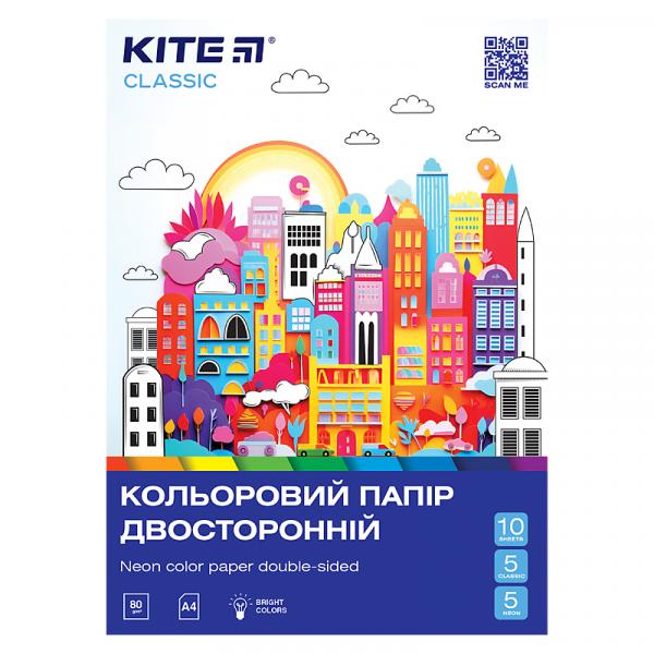 Папір кольор. двостор.(10арк/5 неон+5 звич), А4 Kite Classic