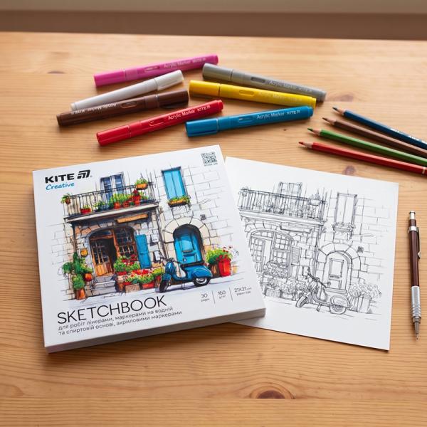 Скетчбук для робіт маркерами,21*21см, 30 арк., Kite Creative