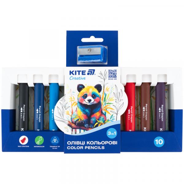 Олівці кольорові 3в1, 10 шт. з точилкою, Kite Creative