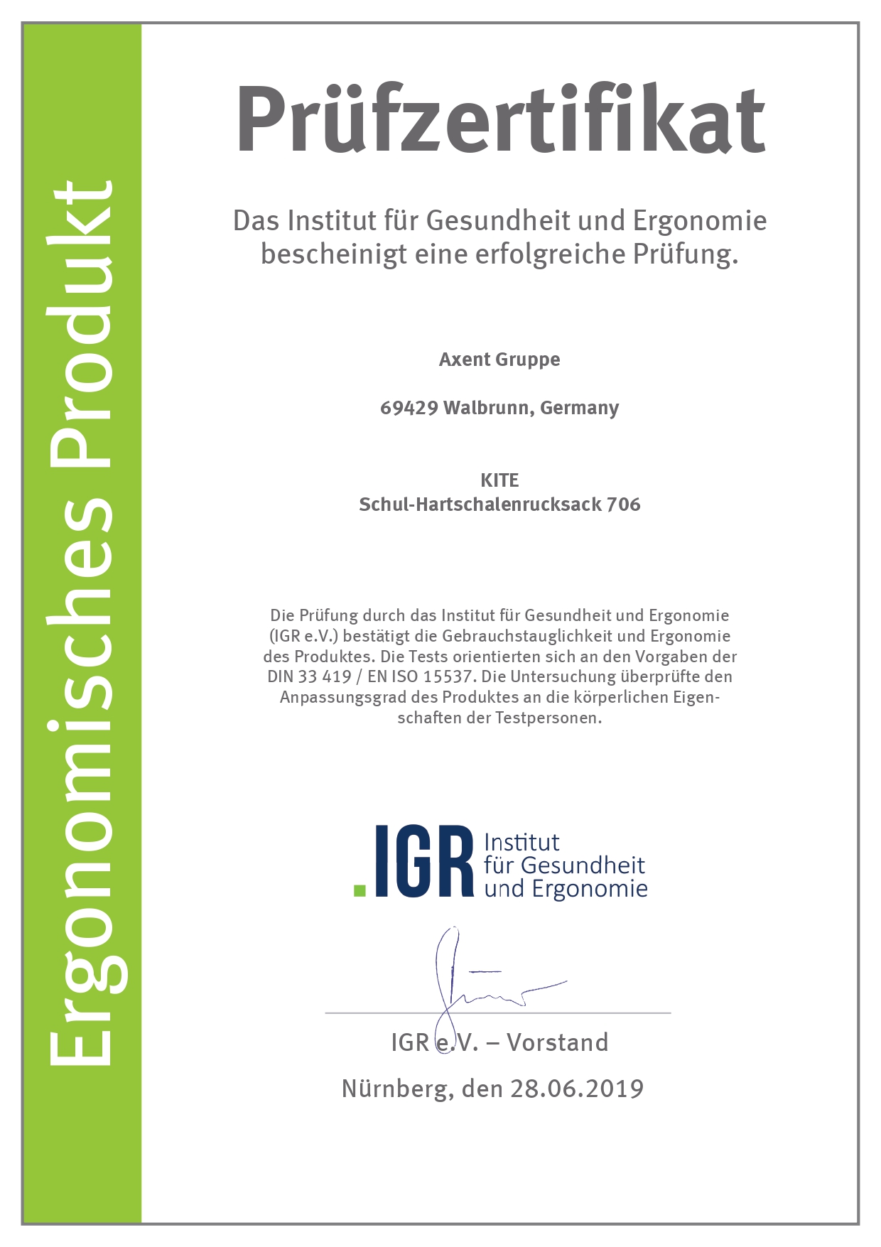 Сертифікат Німецького інституту здоров'я і ергономіки IGR - модель 706